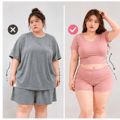 Hình ảnh minh họa những lỗi thường gặp khi chọn đồ mặc nhà cho người mập như mặc đồ quá rộng hoặc quá bó sát làm lộ khuyết điểm cơ thể.