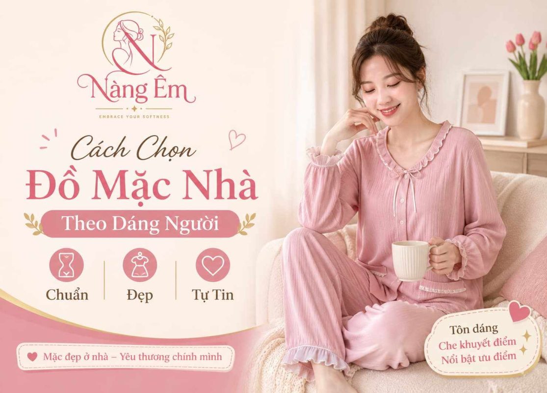 Người mẫu mặc bộ đồ mặc nhà màu hồng Nàng Êm với nội dung hướng dẫn cách chọn đồ mặc nhà theo dáng người giúp tôn dáng, che khuyết điểm và tăng sự tự tin.