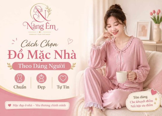 Người mẫu mặc bộ đồ mặc nhà màu hồng Nàng Êm với nội dung hướng dẫn cách chọn đồ mặc nhà theo dáng người giúp tôn dáng, che khuyết điểm và tăng sự tự tin.